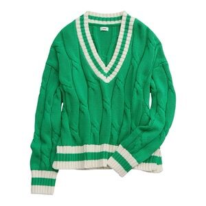 aerie Green and Cream V-Neck Cable Knit Sweater